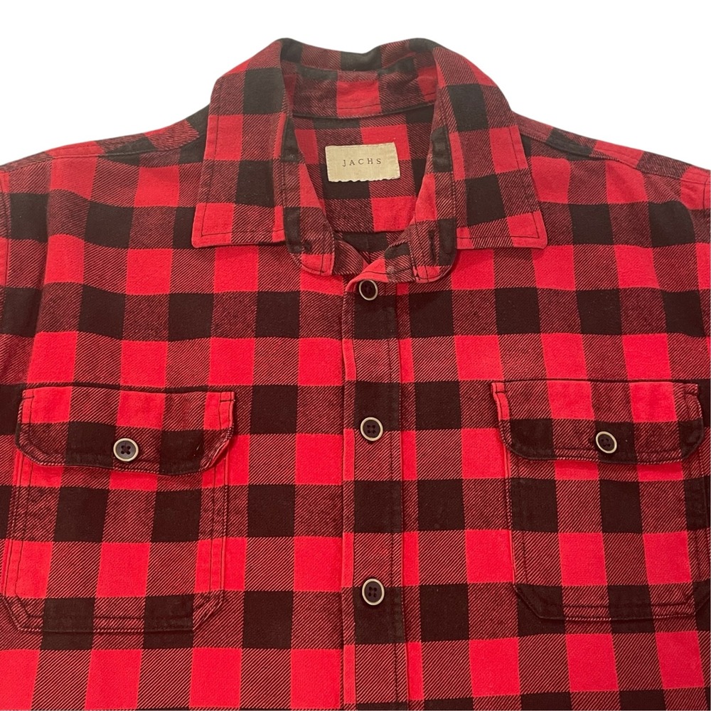Jachs Mens Red Black Buffalo Plaid Flannel Button Up Shirt Large L 100% Cotton